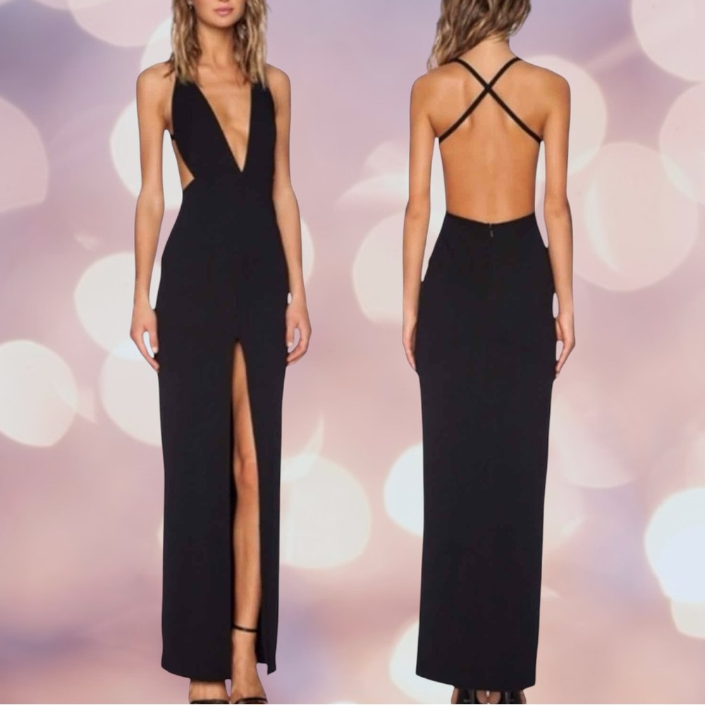 Solace London Black Plunge Neck Backless Evening Gown